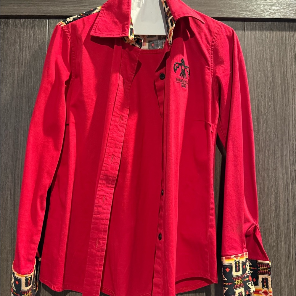 TBB Small Custom Red Button Down Shirt with Embroidered Detail